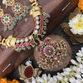 Vriksham Elephant Style With Peacock Pendant Kundan Jadau Short Neckpiece-White Red -Aqua Green Bead-J3360